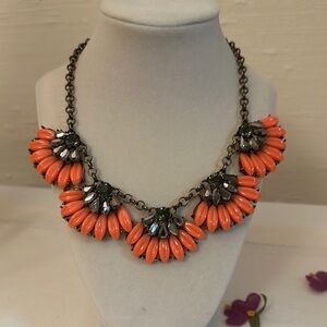 J Crew Orange Coral Bib Necklace with Vintage Metal Chain